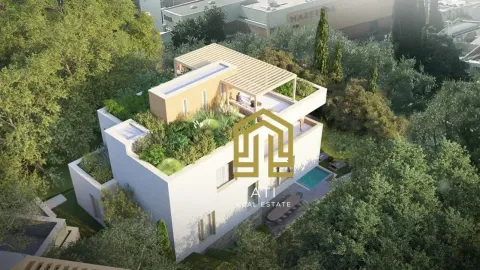 Aerial view of a modern villa with a landscaped roof garden and swimming pool. - image 6