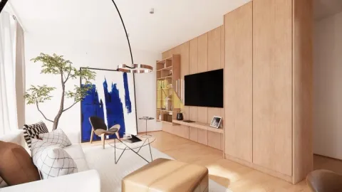 Moderna i svetla dnevna soba sa drvenim elementima, garniturom i TV-om. - image 16