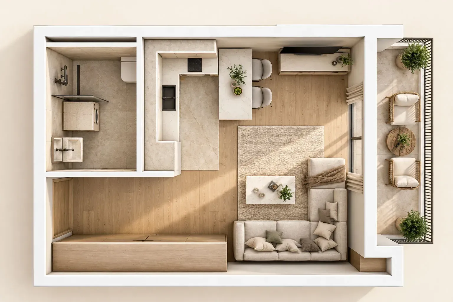 The apartment floor plan shows the layout of the living room, kitchen, bathroom, and terrace.