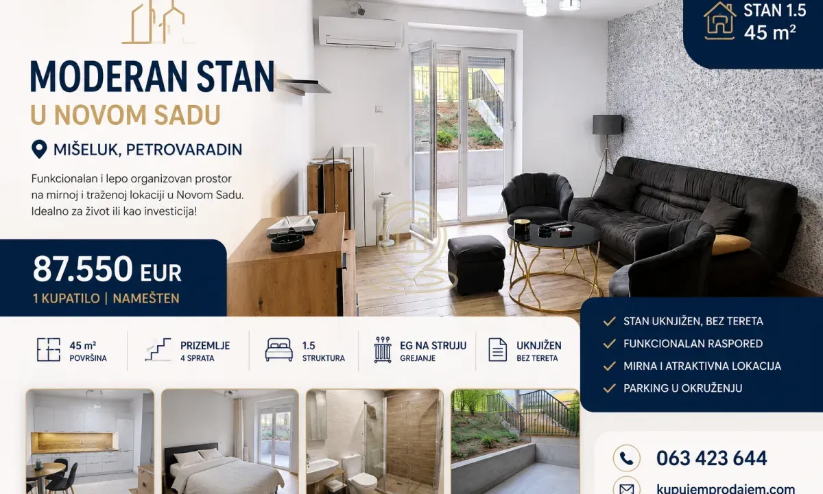 Sale, one bedroom apartment, 45m², Mišeluk, Petrovaradin