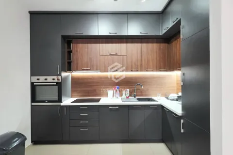 Modern dark-toned kitchen with wooden accents and built-in appliances. - image 13