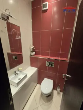Manje kupatilo sa lavaboom i WC šoljom obloženo crvenim i belim pločicama. - image 19
