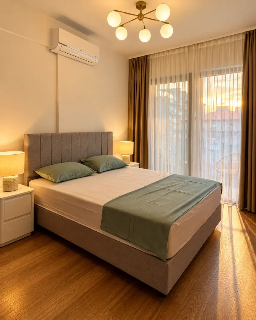 Furnished bedroom with a double bed, nightstands, and an air conditioner.
