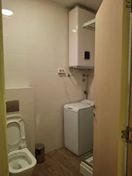 View of a modernly equipped bathroom with sanitary facilities and a washing machine. - image 18