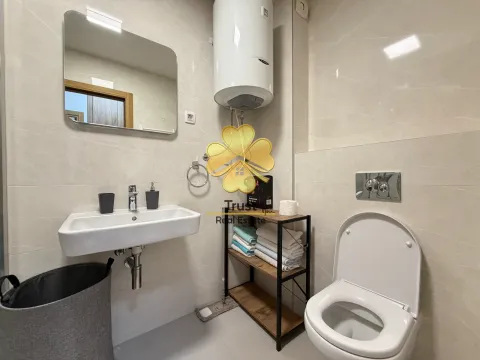 Modernly equipped bathroom with a sink, toilet, and storage shelving. - image 10