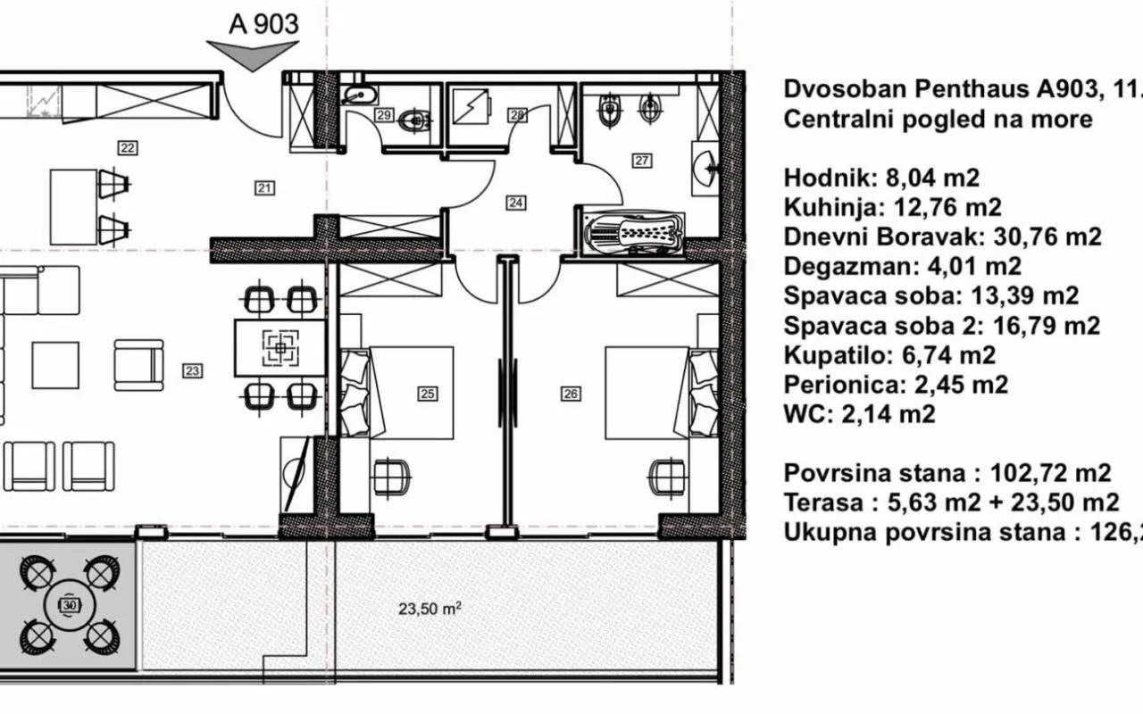 Sale, two bedroom apartment, 126m², Budva, Crna Gora