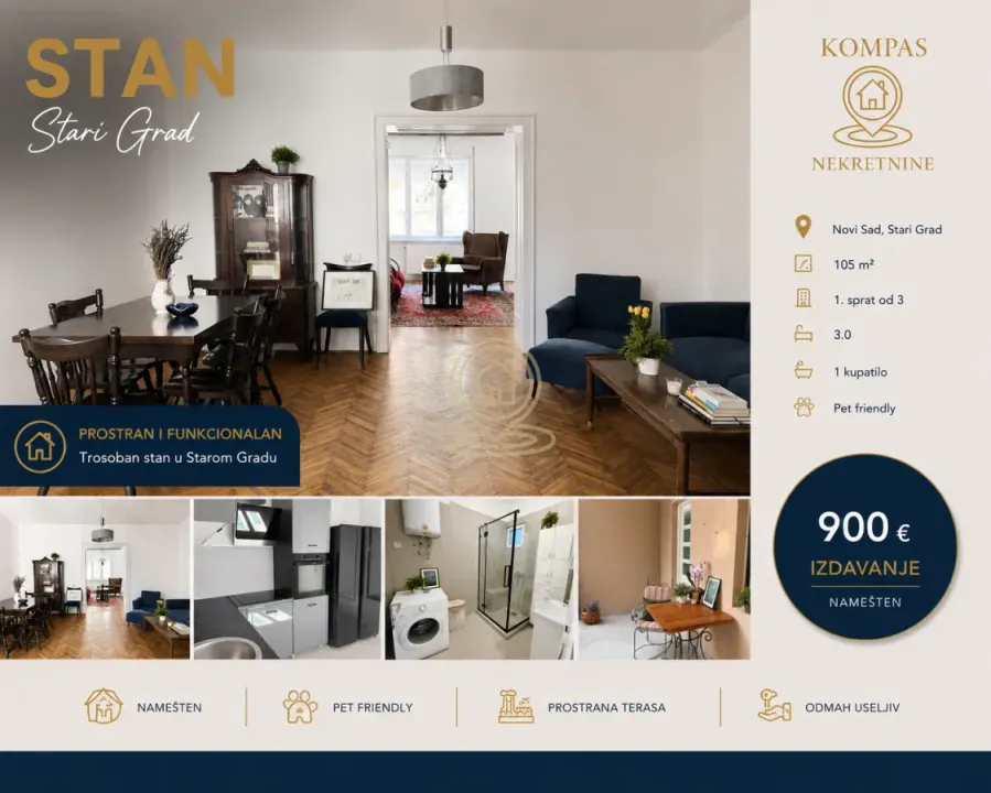 Rent, three bedroom apartment, 105m², Stari grad, Novi Sad