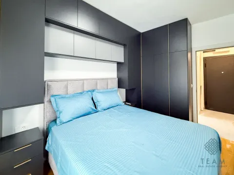 Furnished bedroom with a double bed and dark built-in wardrobes. - image 7
