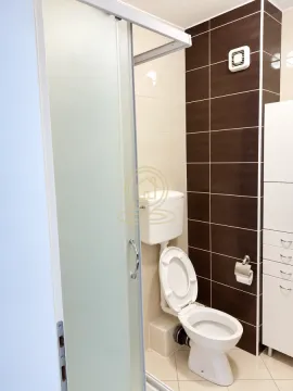 Kupatilo sa wc šoljom, tuš kabinom i belim ormarićem. - image 7