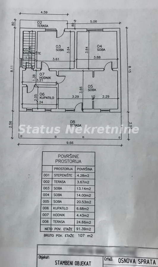 Osnova sprata sa rasporedom prostorija i dimenzijama.