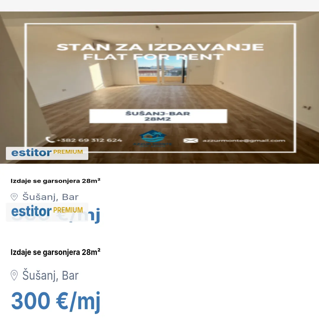 Izdavanje, garsonjera, 28m², Šušanj, Bar