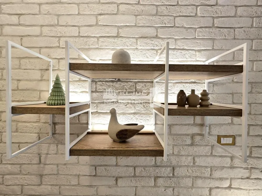 Detail of decorative wall shelves with ornaments.