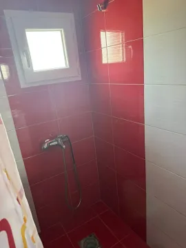 Bathroom with a shower cabin lined with red and white tiles. - image 12