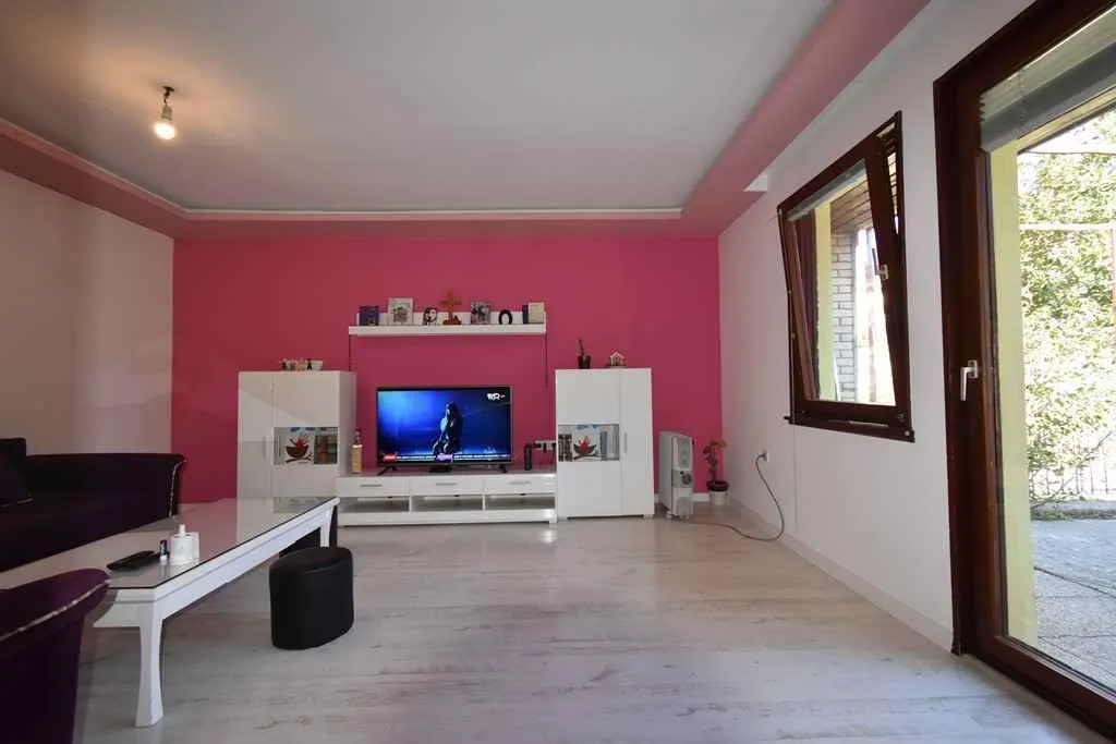 Bright living room featuring a prominent pink wall and TV stand.