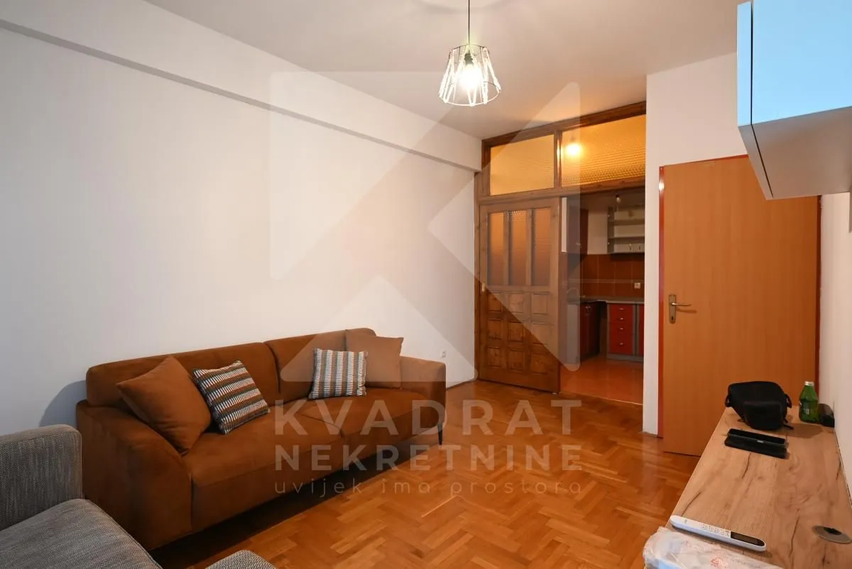 Living room with a brown sofa and a view of the interior doors and kitchen.