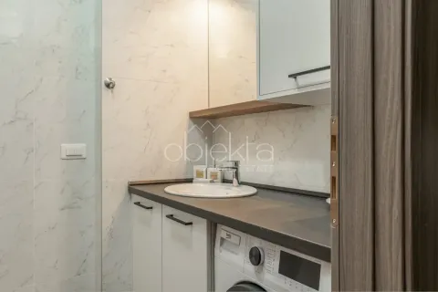 Bathroom with a sink, built-in cabinet, and washing machine. - image 8