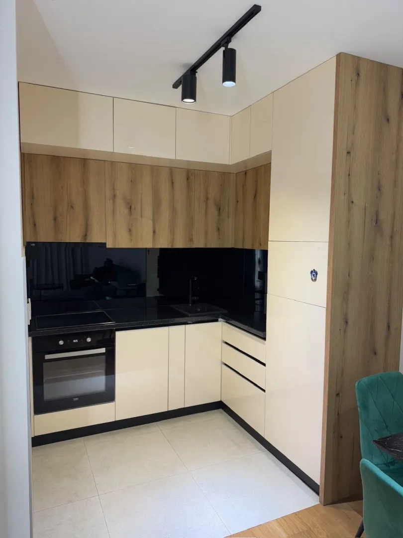 Modern kitchen with built-in cabinetry and appliances.