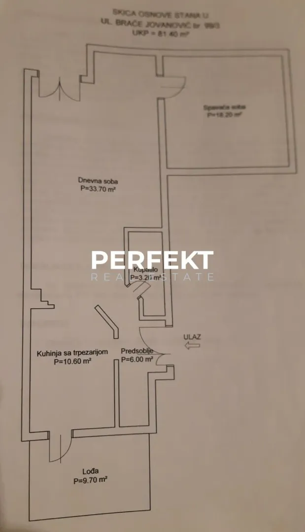 Osnova stana sa rasporedom prostorija i kvadraturom.