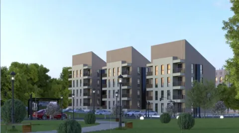 Spoljašnji izgled modernih stambenih zgrada sa uređenim dvorištem. - image 2