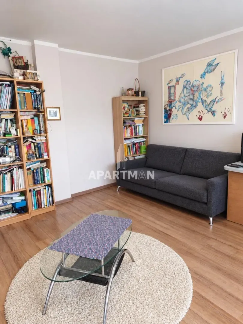 Living room with a sofa, bookshelves, and a coffee table.