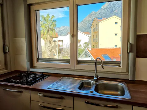 Kuhinjski element sa sudoperom, ugradnom pločom i pogledom na planine kroz prozor. - image 24