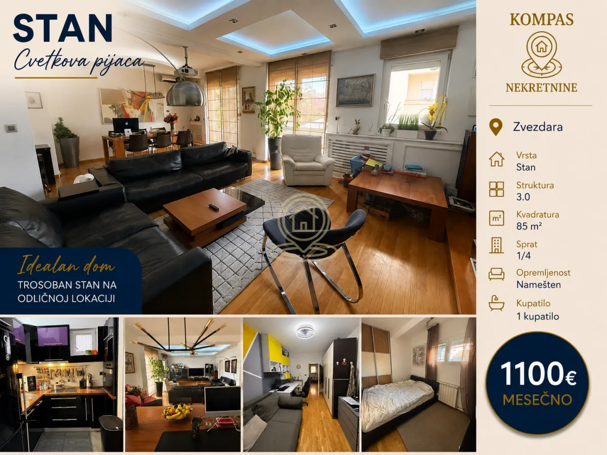 Rent, three bedroom apartment, 85m², Cvetkova Pijaca, Zvezdara Sve Podlokacije