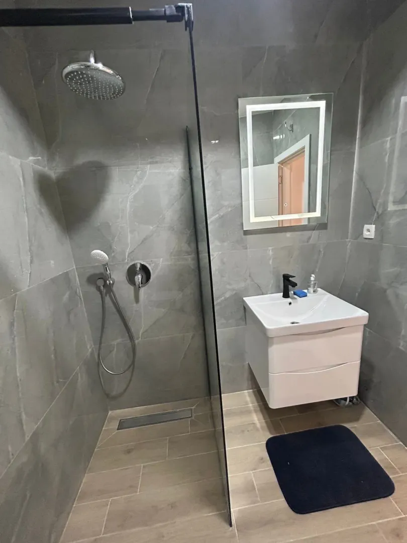 Modernly equipped bathroom with a walk-in shower and washbasin.