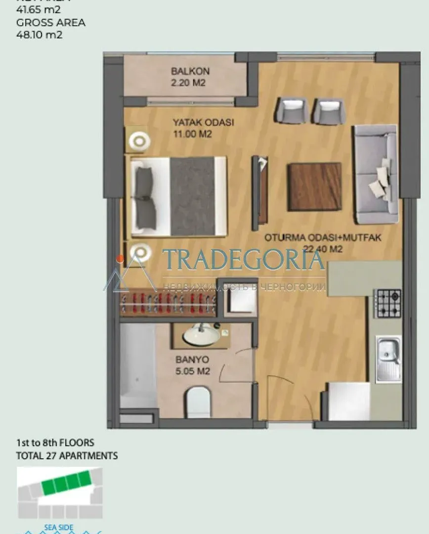 Prodaja, jednosoban stan, 42m², Bar, Crna Gora