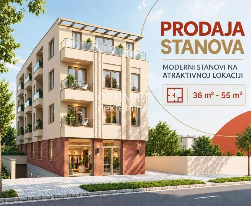 Eksterijer moderne stambene zgrade sa terasama i poslovnim prostorom u prizemlju.