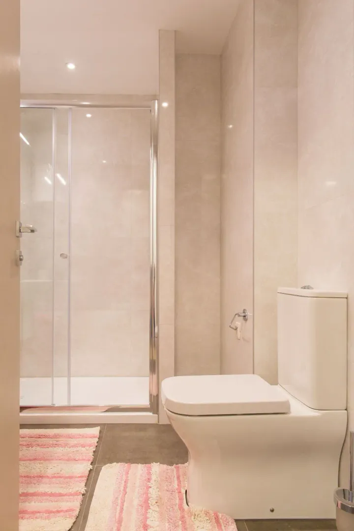 Modern bathroom with a shower cabin and a toilet.