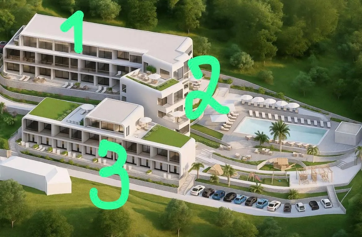 Arhitektonski render kompleksa zgrada sa bazenom i zelenilom.