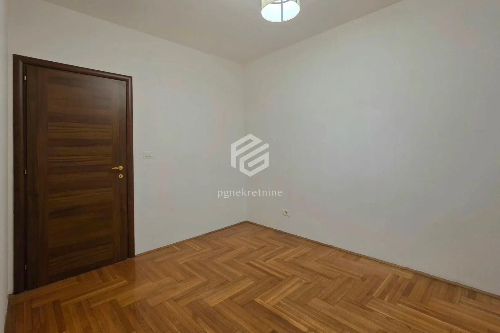 Empty room with parquet flooring and a dark wooden door.