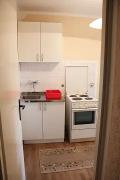 Manja kuhinja sa belim elementima, sudoperom i šporetom. - image 4