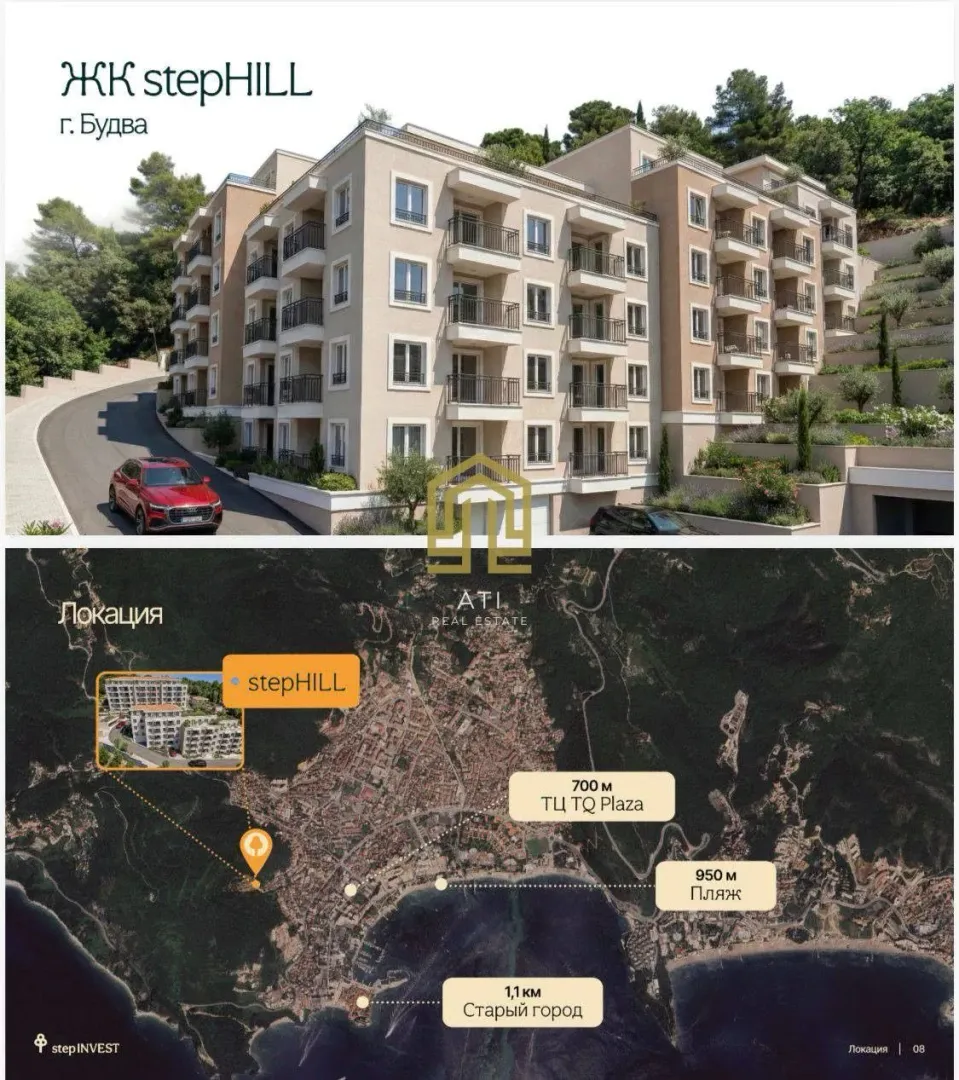Prikaz eksterijera stambene zgrade i mape lokacije u Budvi.