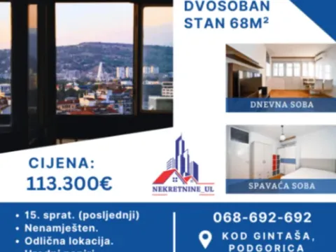 Prodaja, dvosoban stan, 68m², Gintaš, Podgorica