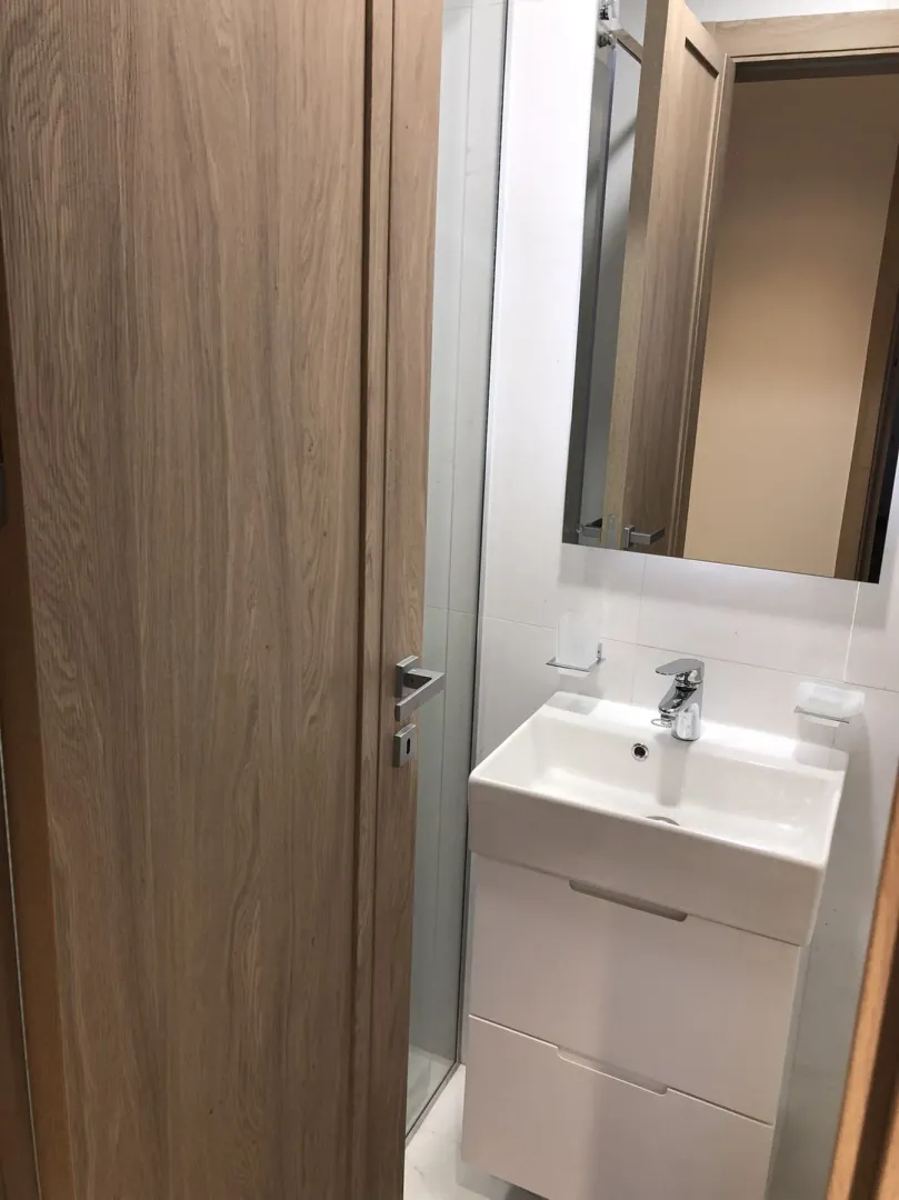 Modern bathroom with a white vanity sink and a mirror.