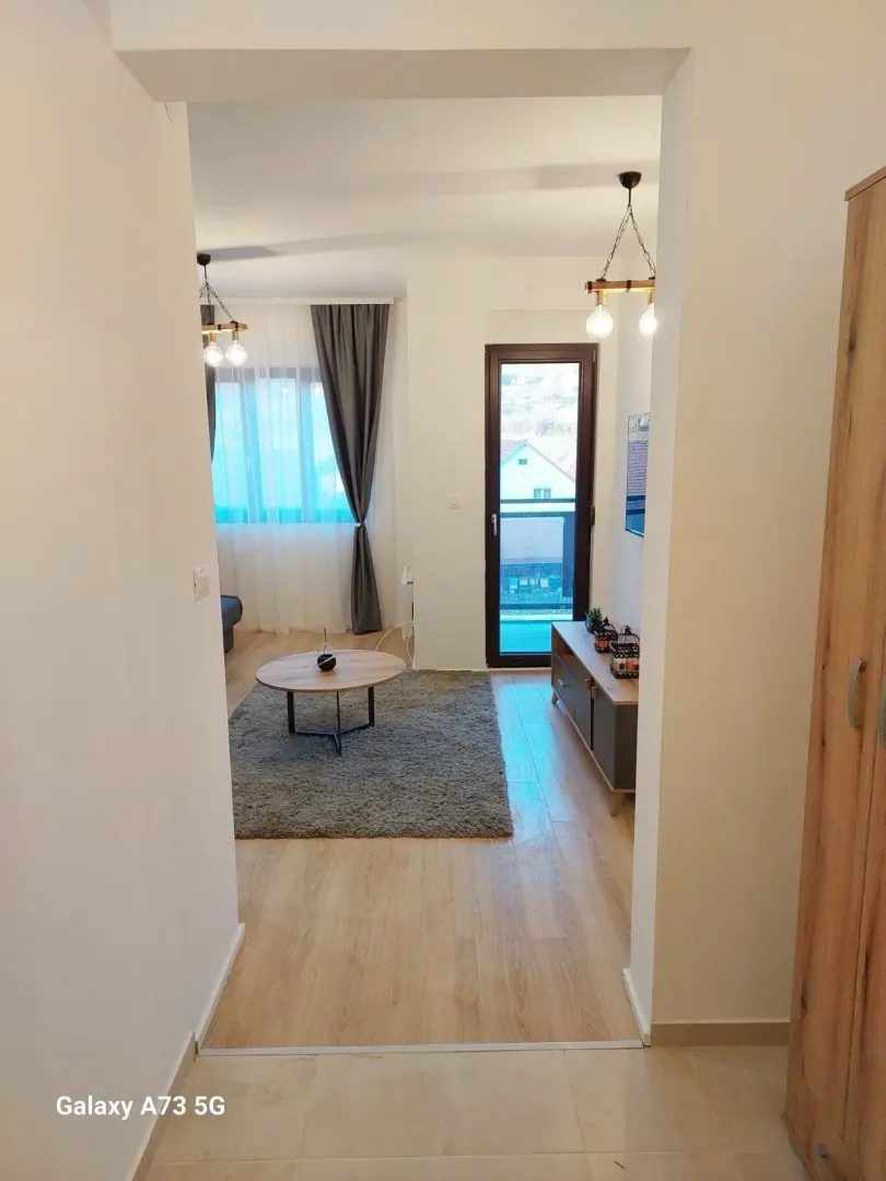 Pogled iz hodnika na namještenu dnevnu sobu sa izlazom na terasu.