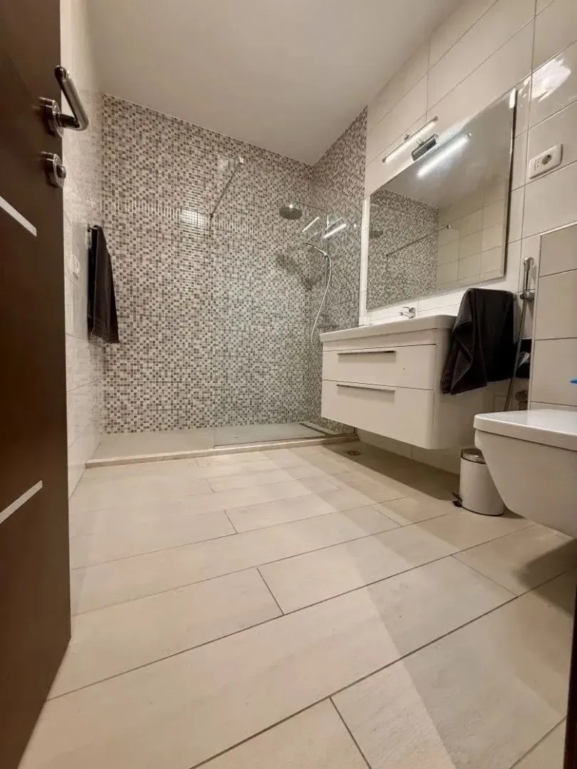 Modern bathroom with a walk-in shower, washbasin, and toilet.