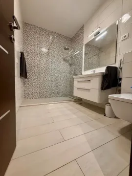 Modern bathroom with a walk-in shower, washbasin, and toilet. - image 8