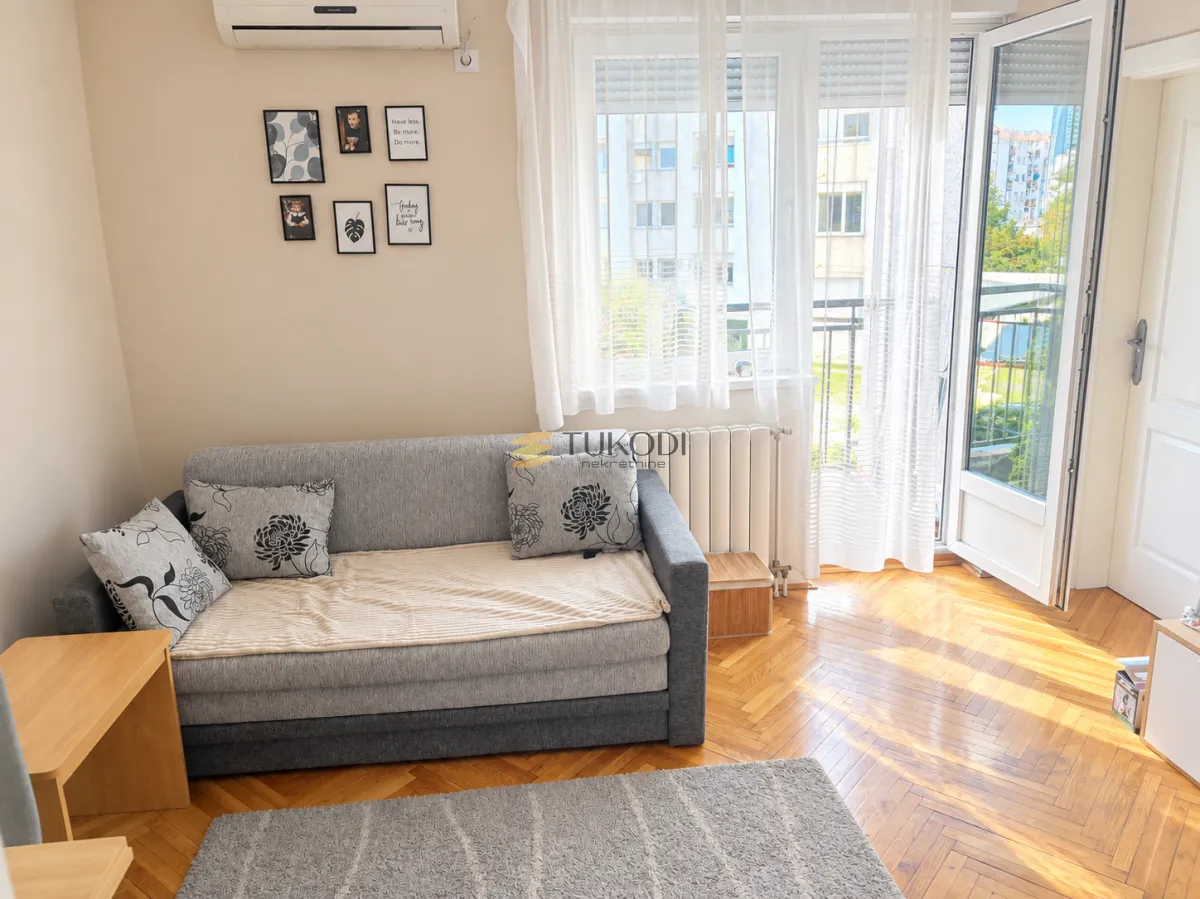 Dnevna soba sa sivom sofom i izlazom na balkon.