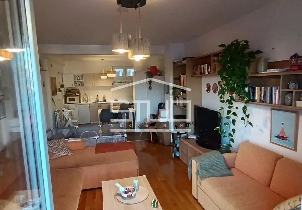 Living room with sofas, a TV, and a view of the kitchen in the background.