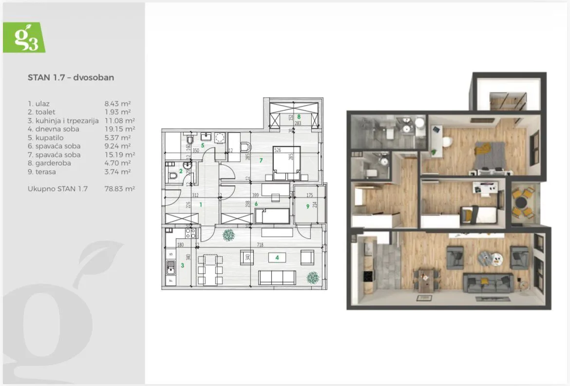 Prodaja, dvosoban stan, 79m², Tološka šuma, Podgorica