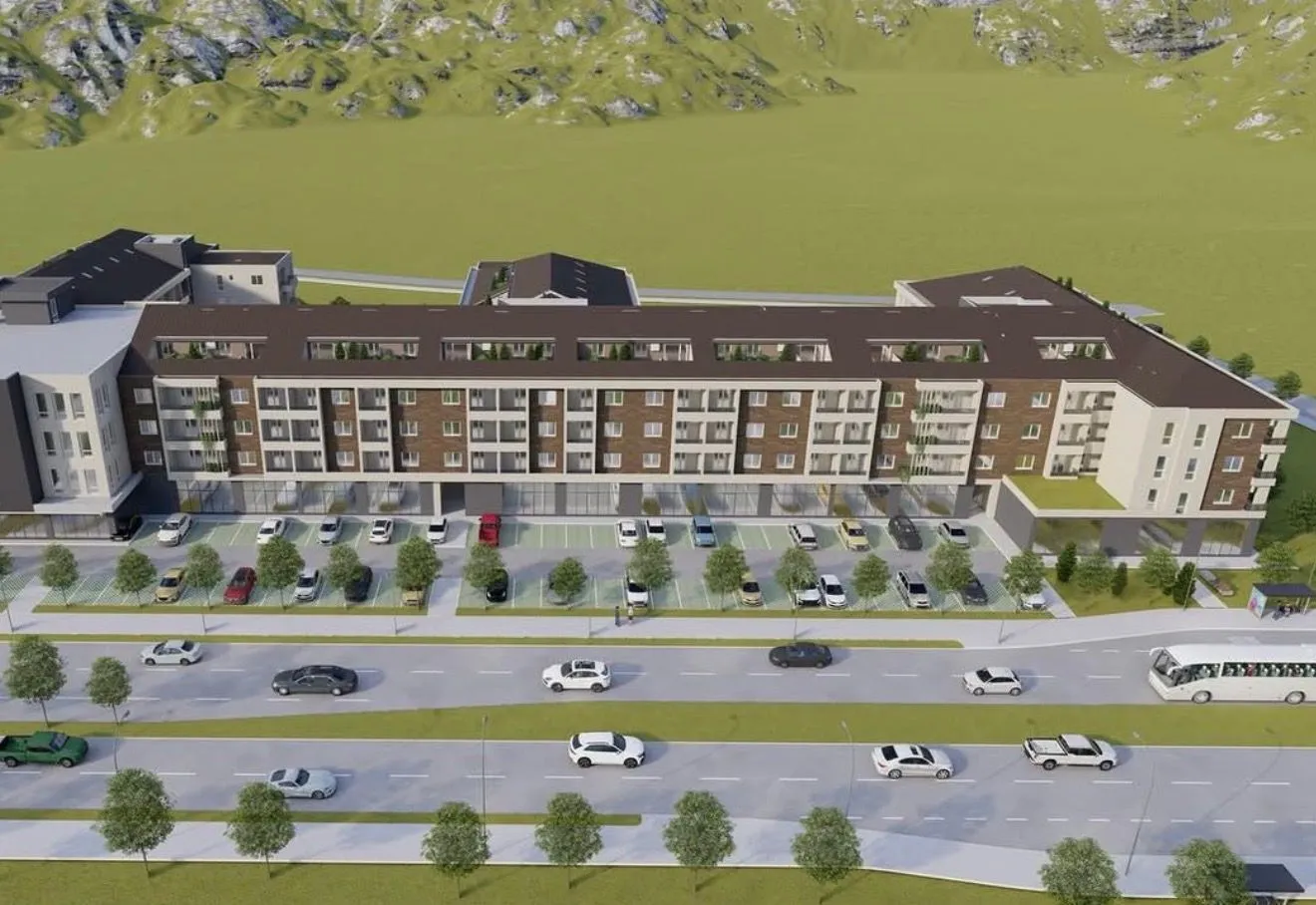 Render kompleksa zgrada sa parkingom i okolnim saobraćajnicama.