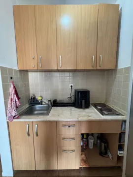Manja drvena kuhinja sa sudoperom, električnom pločom i gornjim i donjim elementima. - image 7