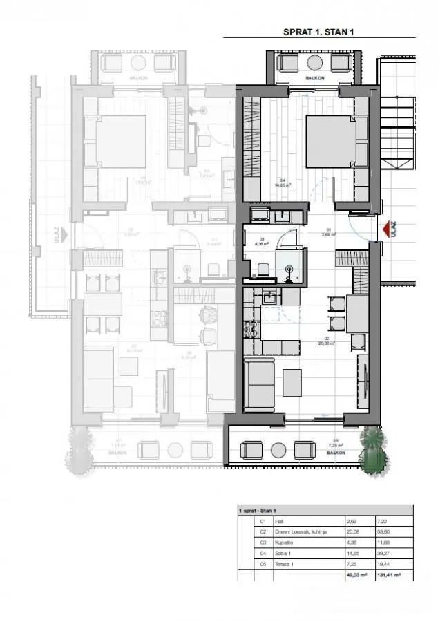Prodaja, jednosoban stan, 49m², Donja Lastva, Tivat
