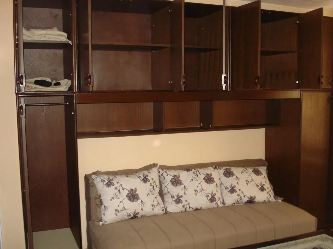 Living room with a sofa and built-in wooden shelving units.