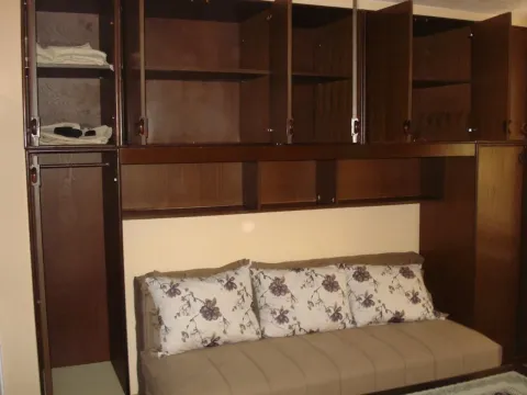 Living room with a sofa and built-in wooden shelving units. - image 3
