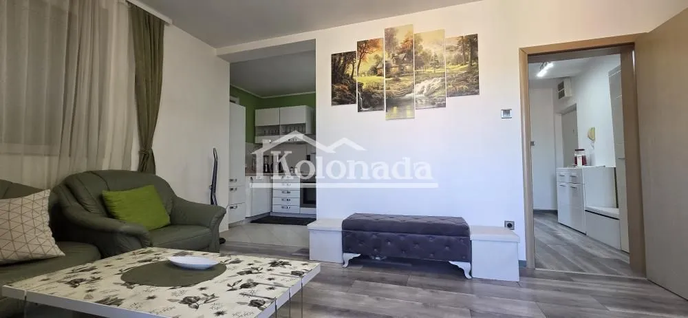 Dnevna soba sa garniturom, stočićem i pogledom prema kuhinji i hodniku.