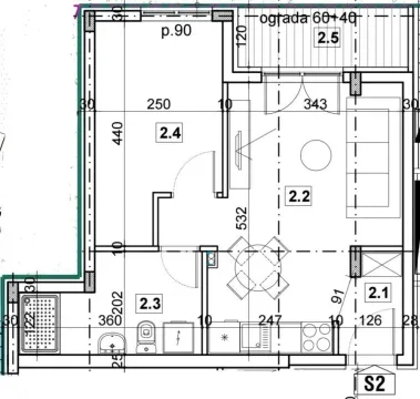 Arhitektonski nacrt i raspored prostorija nekretnine sa dimenzijama. - image 2