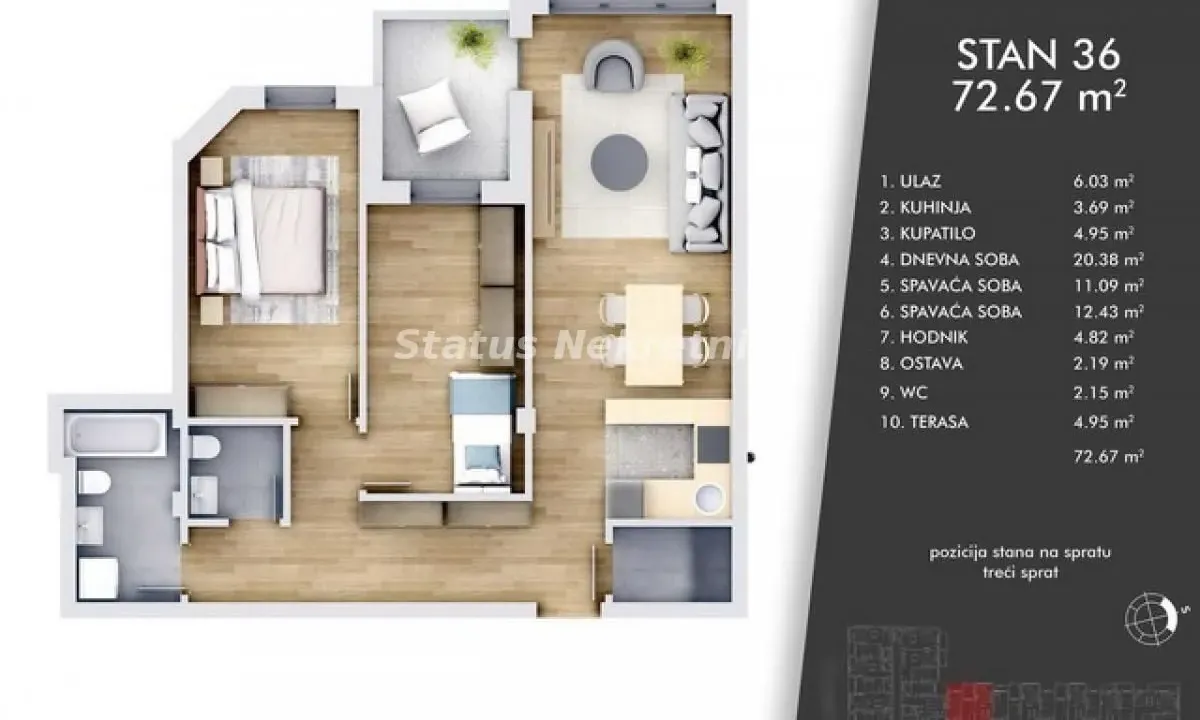 Sale, three bedroom apartment, 73m², Centar, Novi Sad